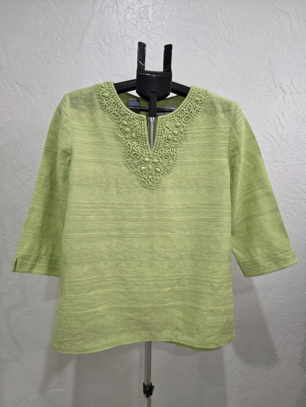 Alfred Dunner Lime Green Crochet-Trim Split Neck Blouse